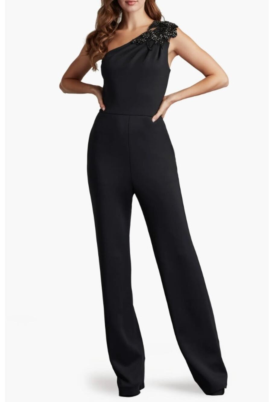 SHO by Tadashi Shoji Beaded Appliqué One-Shoulder Jumpsuit Black Size XL NWT